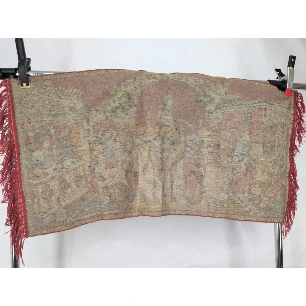 Vintage Italian Velvet Tapestry 41x19 Made In Italy Street Market Scene Camel